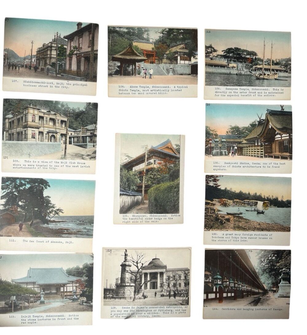 11 Antique Japanese Pictorial Photo Postcards Moji c1910 Hand-tinted Mounted